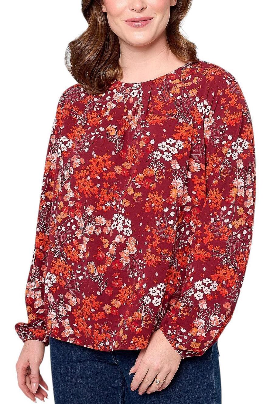 "As Is" Denim & Co. Women's Long Sleeve Blouse with Pleat Detail Wine - Regular